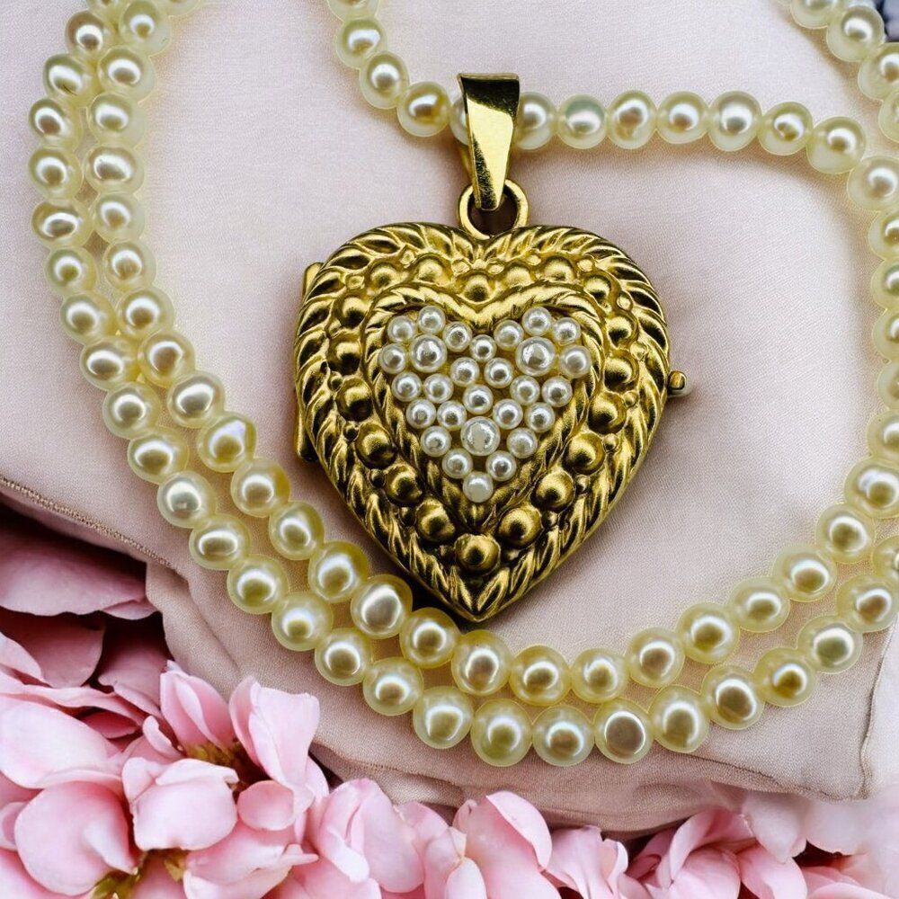 ANTIQUE- 14K Gold- Seed Pearl Heart Locket Necklace -19" -Victorian Era- 12.8g